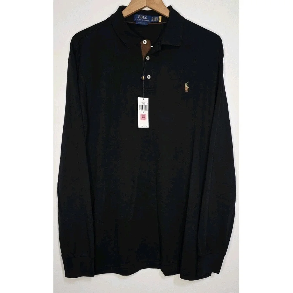 New POLO Ralph Lauren Long Sleeve Pima Cotton Polo Men XL Black Casual Pony Logo